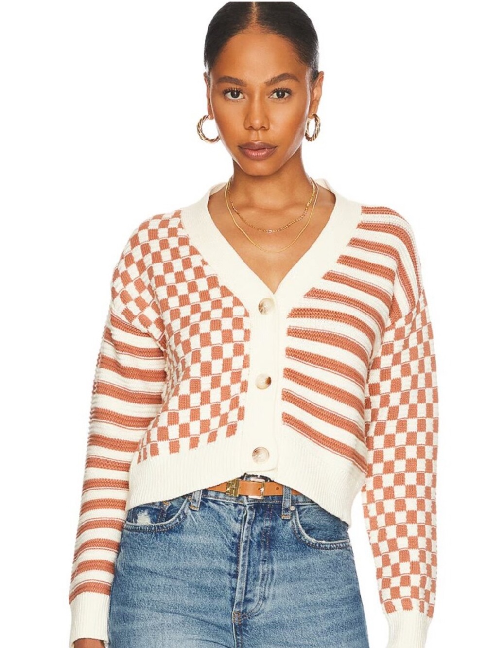 MORE TO‎ COME Sima Button Up Sweater Checkered Cropped Cardigan Brown Multi XS